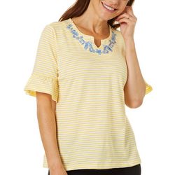 Coral Bay Petite Solid Keyhole Textured Short Sleeve Top