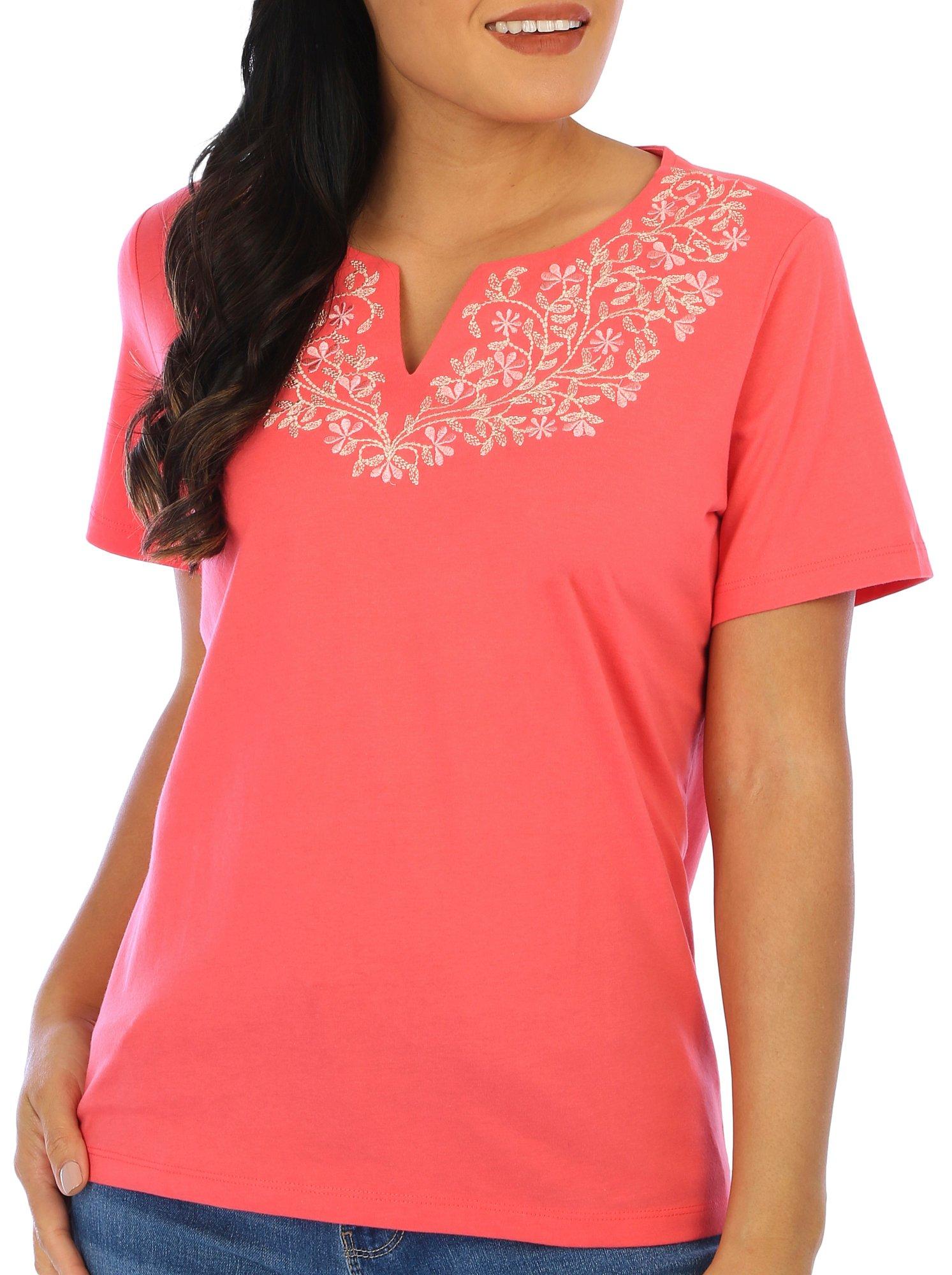 Petite Solid Floral Embroidered Short Sleeve Top