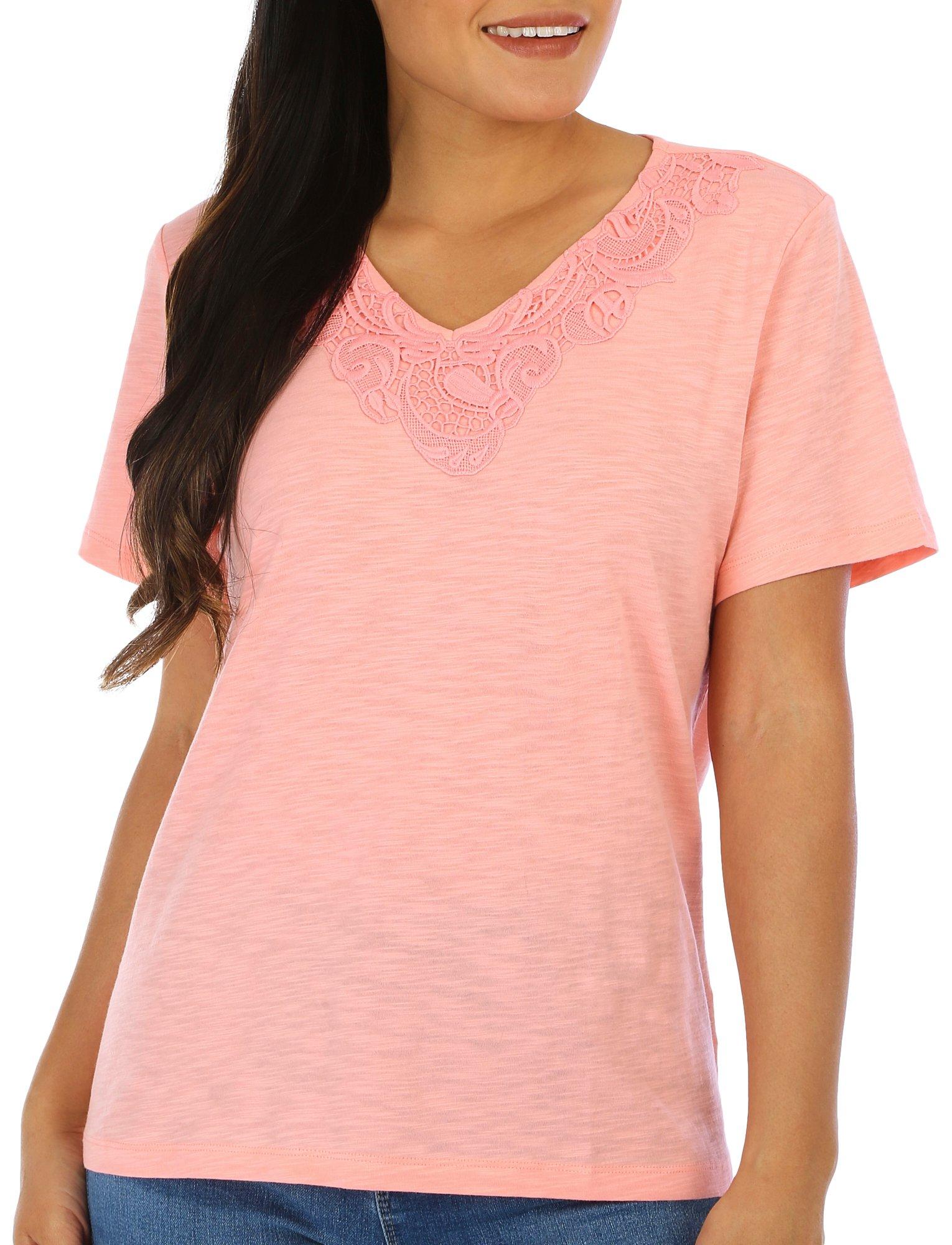 Coral Bay Petite Solid Lace V-Neck Short Sleeve Top