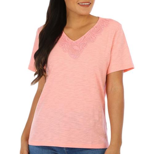 Coral Bay Petite Solid Lace V-Neck Short Sleeve