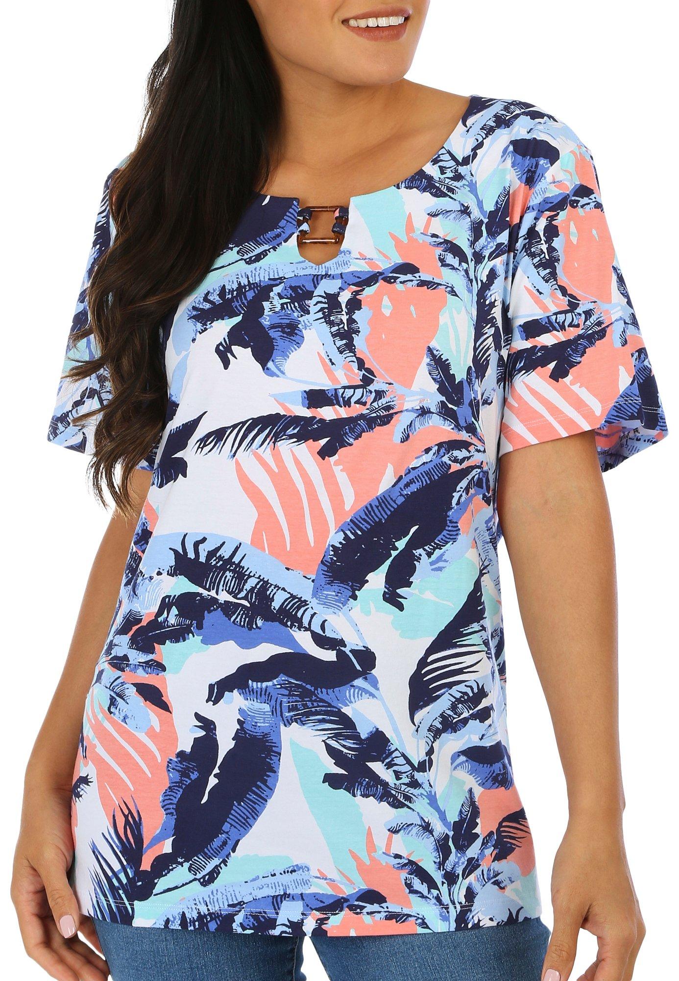 Coral Bay Petite Print Square-Ring Keyhole Short Sleeve Top