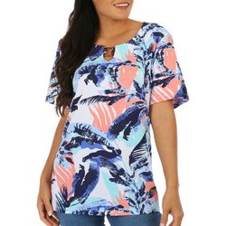 Coral Bay Petite Print Square-Ring Keyhole Short Sleeve Top