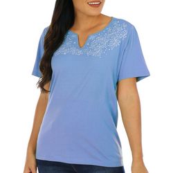 Coral Bay Petite Embroidered Notch Neck Short Sleeve Top