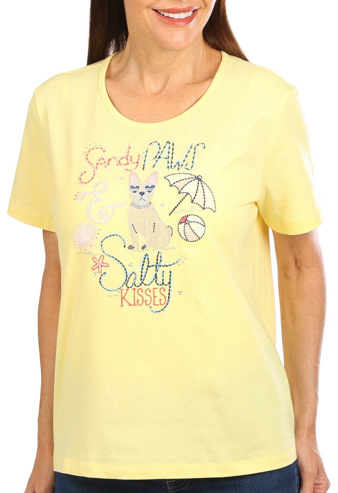 Coral Bay Petite Embroidered Sandy Paws Short Sleeve Top