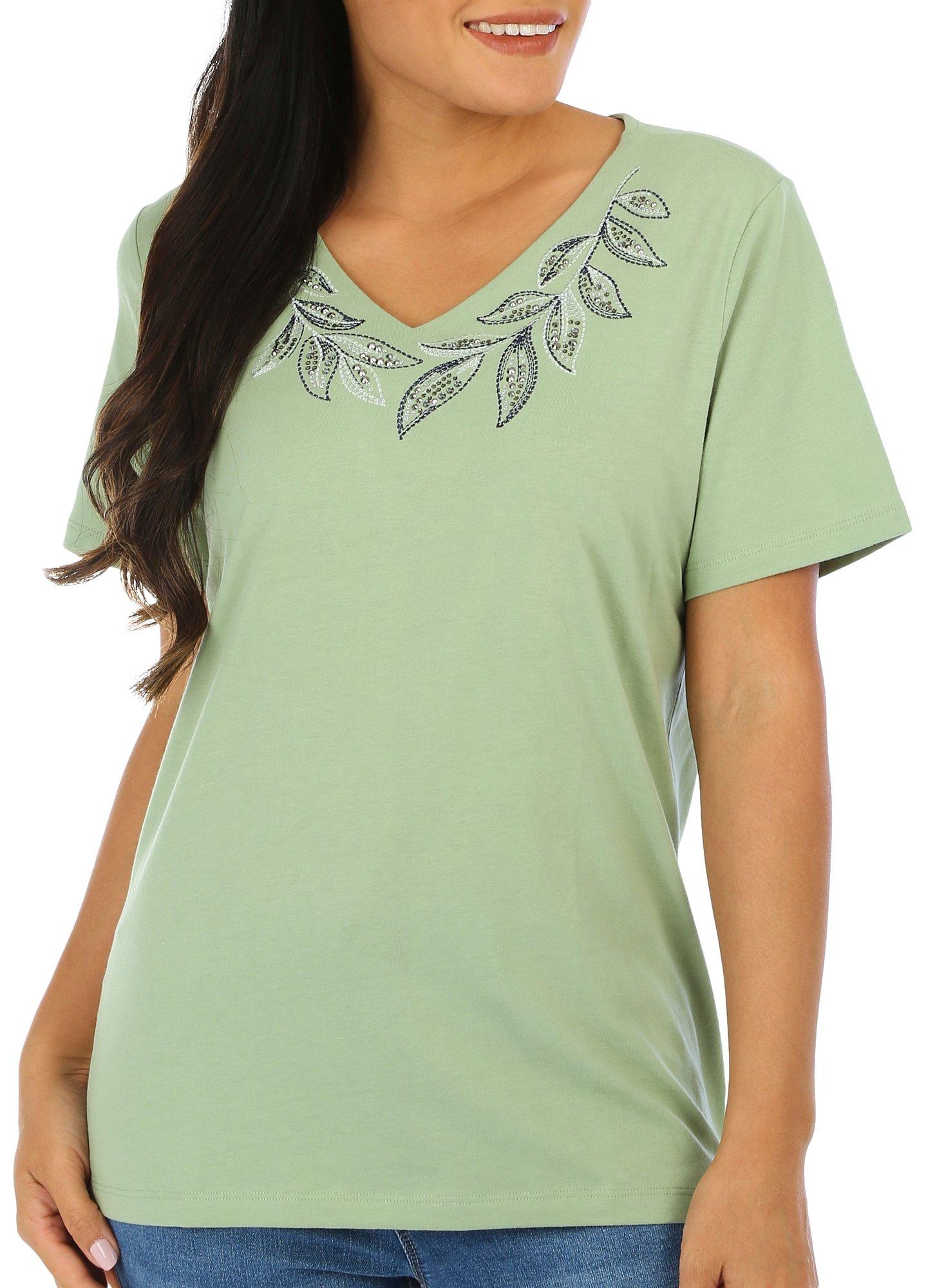 Coral Bay Petite Solid Foliage V-Neck Short Sleeve Top