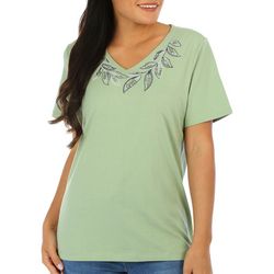 Coral Bay Petite Solid Foliage V-Neck Short Sleeve Top