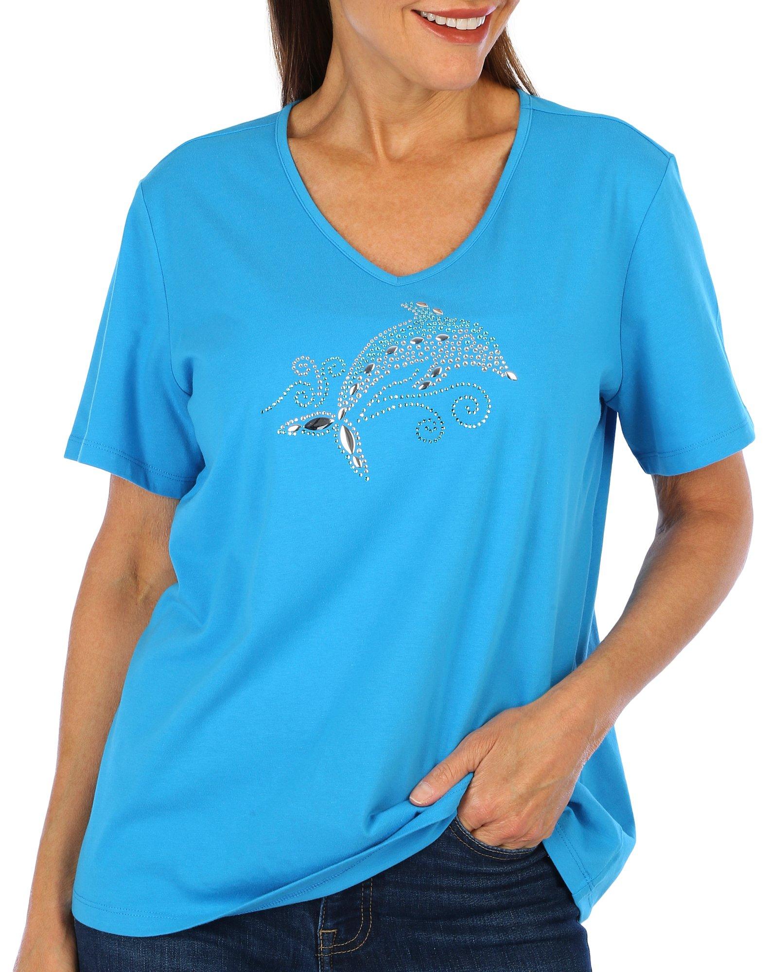 Coral Bay Petite Jeweled Dolphin Short Sleeve Top
