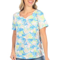 Coral Bay Petite Leaf Scalloped Neck Short Sleeve Top