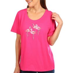 Coral Bay Petite Embroidered Flamingo Short Sleeve Top