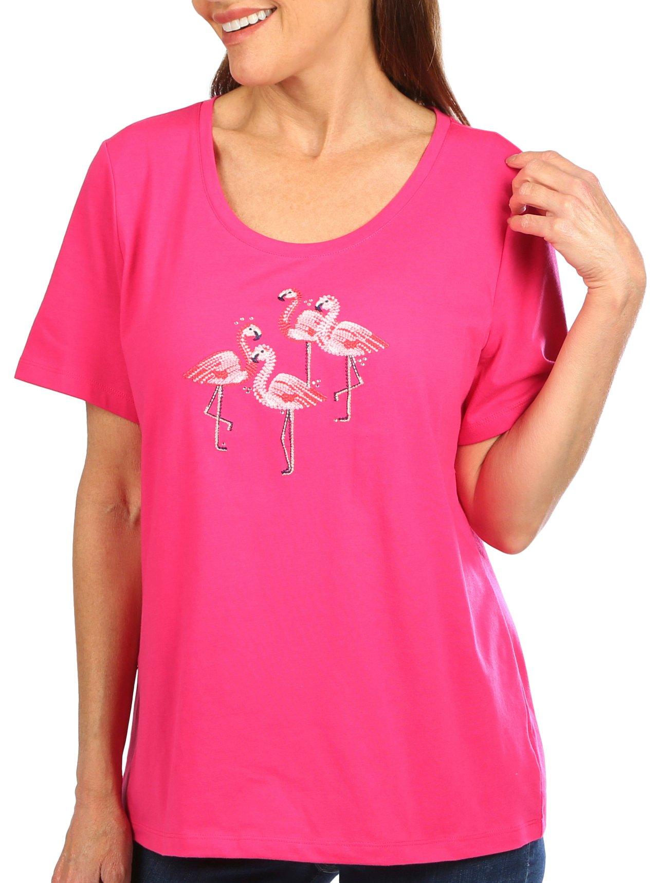 Petite Embroidered Flamingo Short Sleeve Top