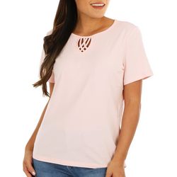 Coral Bay Petite Solid Woven Keyhole Short Sleeve Top