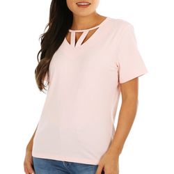 Coral Bay Petite Solid Keyhole Short Sleeve Top