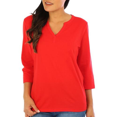 Coral Bay Petite Solid Henley Style Short Sleeve
