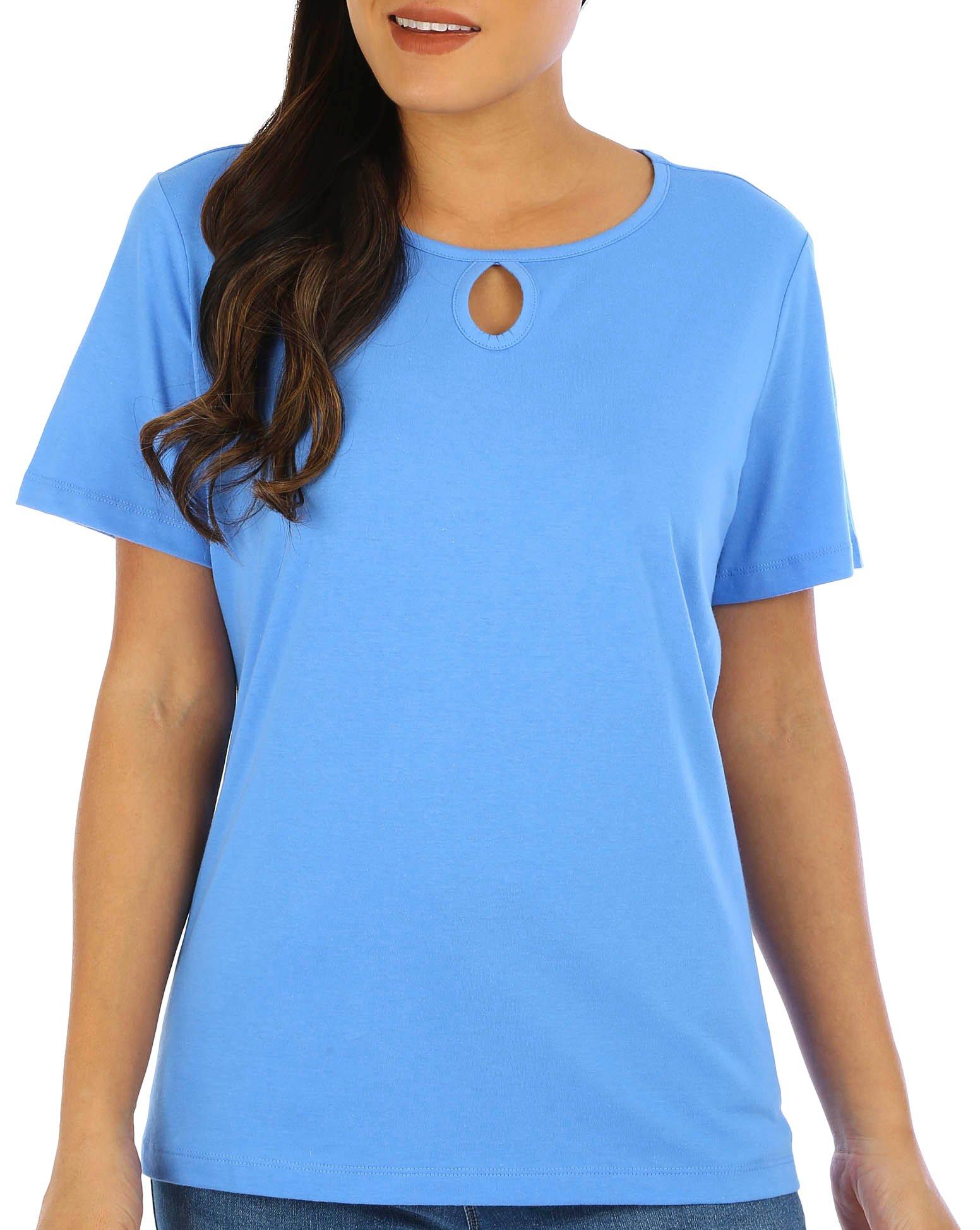Petite Solid Keyhole Neck Short Sleeve Top