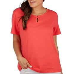 Petite Solid Round Keyhole Neck Short Sleeve Top