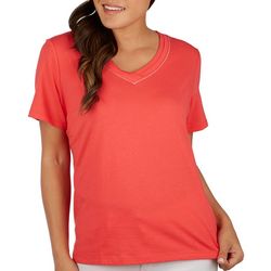Coral Bay Petite Solid Micro Jeweled V-Neck Short Sleeve Top