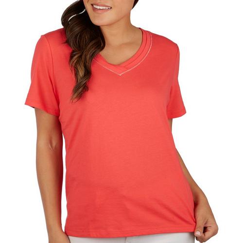 Coral Bay Petite Solid Micro Jeweled V-Neck Short