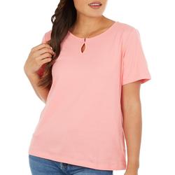 Petite Solid Round Keyhole Neck Short Sleeve Top