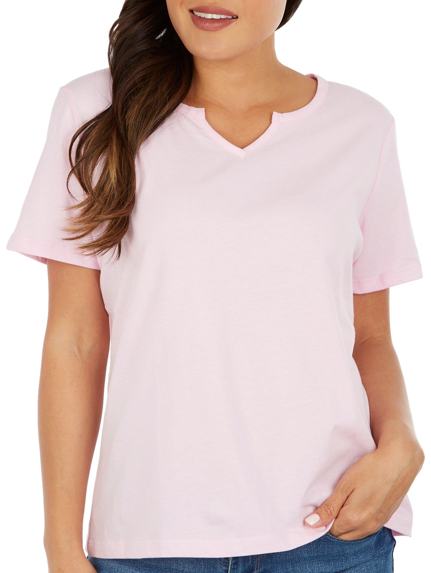 Coral Bay Petite Solid Split Neck Short Sleeve Top