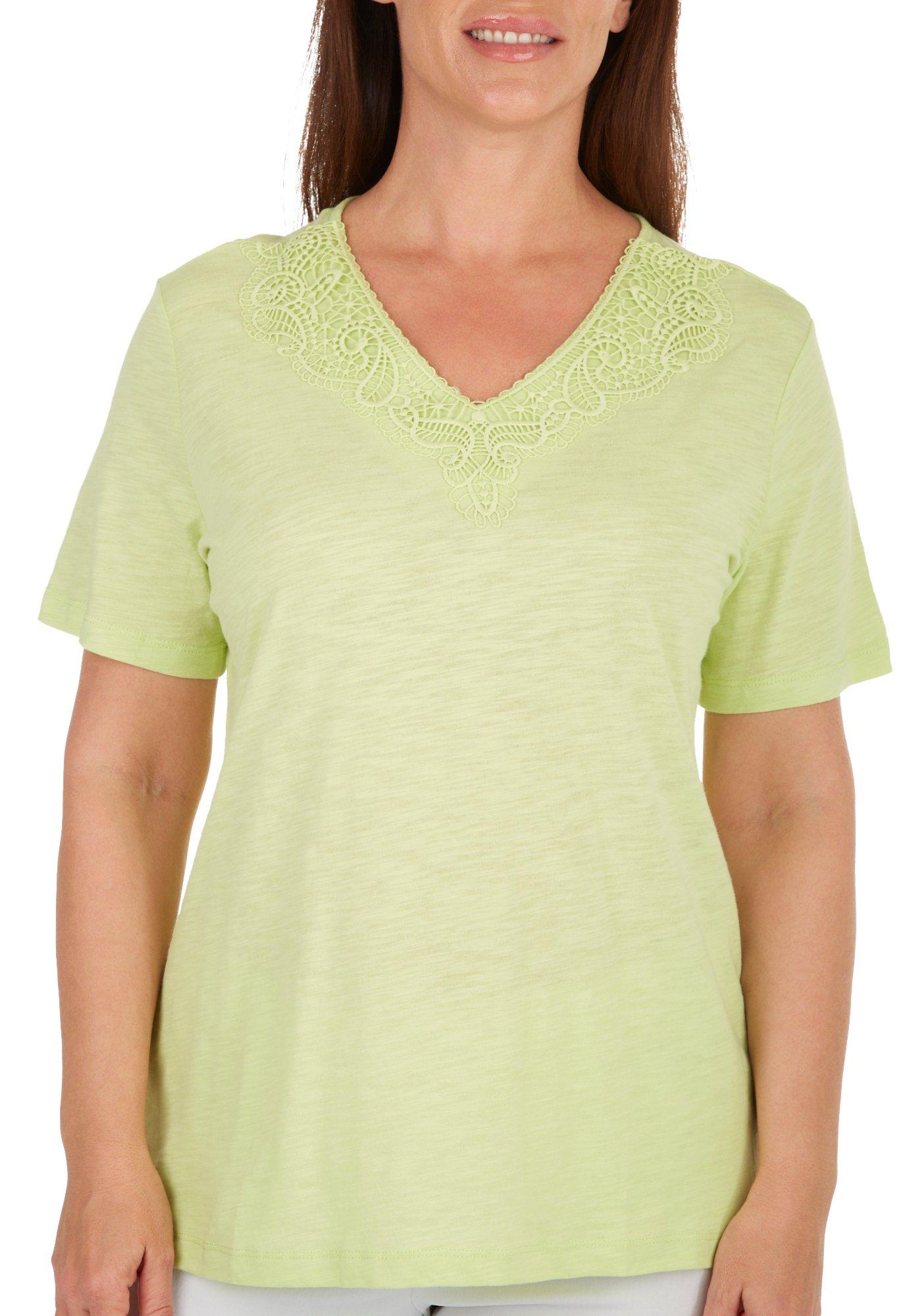 Coral Bay Petite Solid Crochet V-Neck Short Sleeve Top