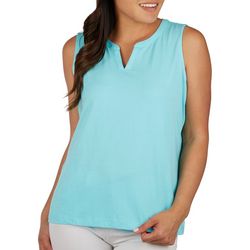 Petite Solid Banded Split Neck Sleeveless Top