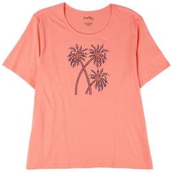 Coral Bay Petite Embroidered Palm Tree Short Sleeve Top