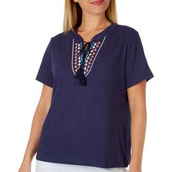Coral Bay Petite Embroidered Tie V Neck Short Sleeve Top
