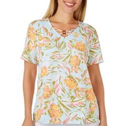 Coral Bay Petite Floral Cross Band V Neck Short Sleeve Top