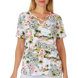 Coral Bay Petite Graphic Triple Keyhole Short Sleeve Top