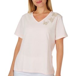 Coral Bay Petite Butterfly Jeweled V Neck Short Sleeve Top