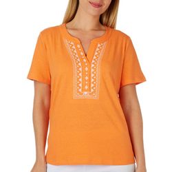 Coral Bay Petite Solid Mosaic Embroidered Short Sleeve Top