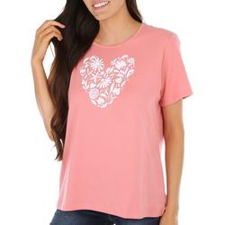 Petite Solid Jeweled Floral Heart Short Sleeve Top