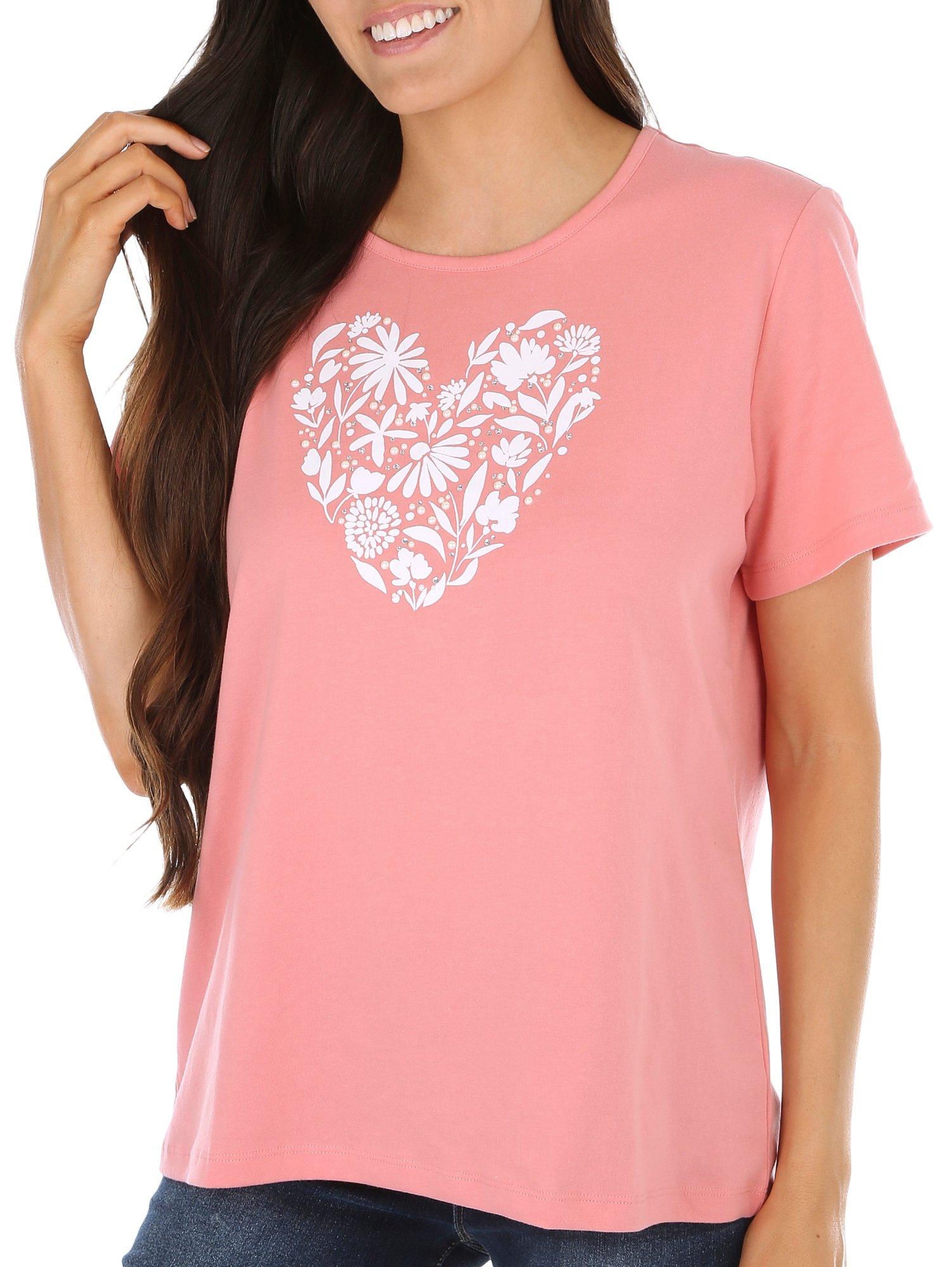 Petite Solid Jeweled Floral Heart Short Sleeve Top