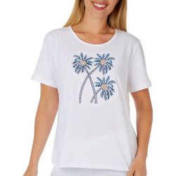 Coral Bay Petite Jewel Embroidered Palms Short Sleeve Top