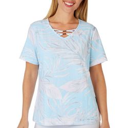 Coral Bay Petite Tropical Cross Band V Neck Short Sleeve Top