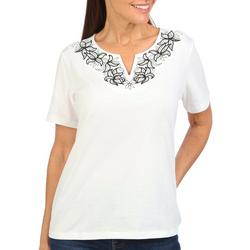 Petite Embroidered Notch Neck Short Sleeve Top