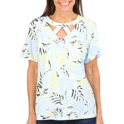 Coral Bay Petite Fronds Triple Keyhole Short Sleeve Top