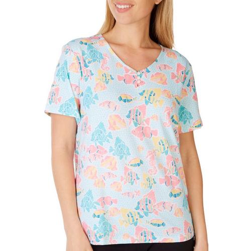 Coral Bay Petite Fish Henley Short Sleeve Top