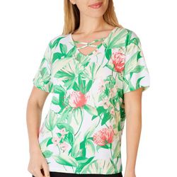 Coral Bay Petite Floral O-Ring Crisscross Short Sleeve Top