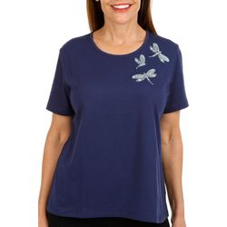 Petite Solid Jeweled Dragonfly Short Sleeve Tee