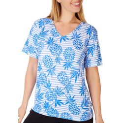 Coral Bay Petite Striped Pineapple V Neck Short Sleeve Top