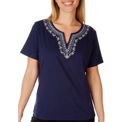 Coral Bay Petite Floral Embroidery Notched Neckline Tee