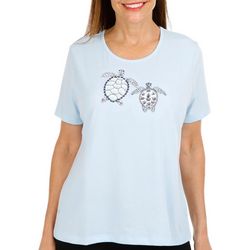 Coral Bay Petite Turtle Embroidered Scoop Short Sleeve Top