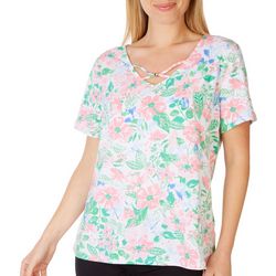 Coral Bay Petite Floral Beaded Crisscross Short Sleeve Top