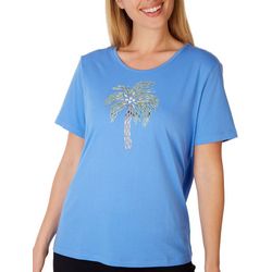 Coral Bay Petite Embellished Palm Tree Short Sleeve Top