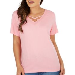 Coral Bay Petite Solid Lace and Criss Cross Short Sleeve Top