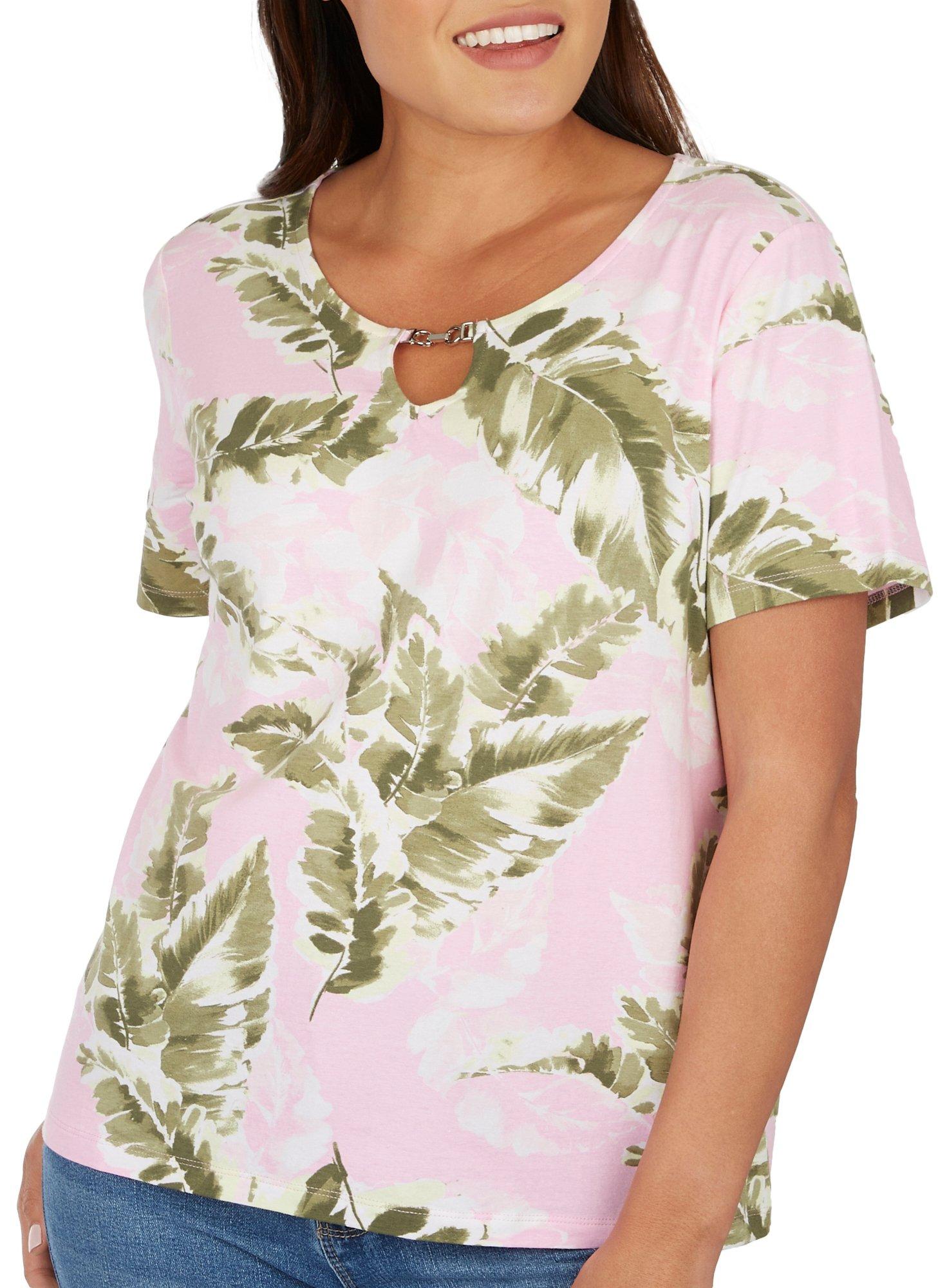 Coral Bay Petite Tropical Print Keyhole Short Sleeve Top