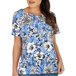Coral Bay Petite Floral Scalloped Boat Neck Short Sleeve Top
