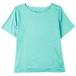 Coral Bay Petite Solid Scalloped Boat Neck Short Sleeve Top