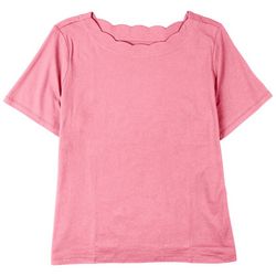 Coral Bay Petite Solid Scalloped Boat Neck Short Sleeve Top